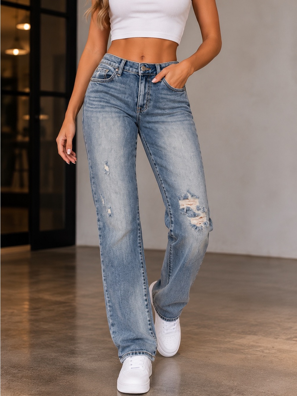 Studio Light Blue Straight Leg Distressed Jeans